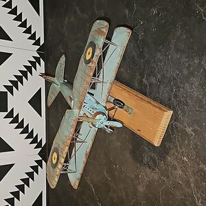 Vintage tin handmade single pilot wwii military airplane blue on stand unique!